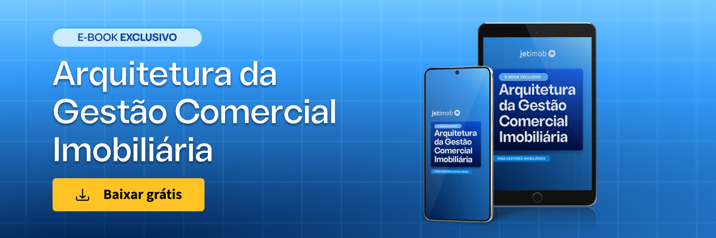 Banner com a capa do e-book exclusivo Arquitetura da Gestão Comercial Imobiliária, com botão para baixar grátis.
